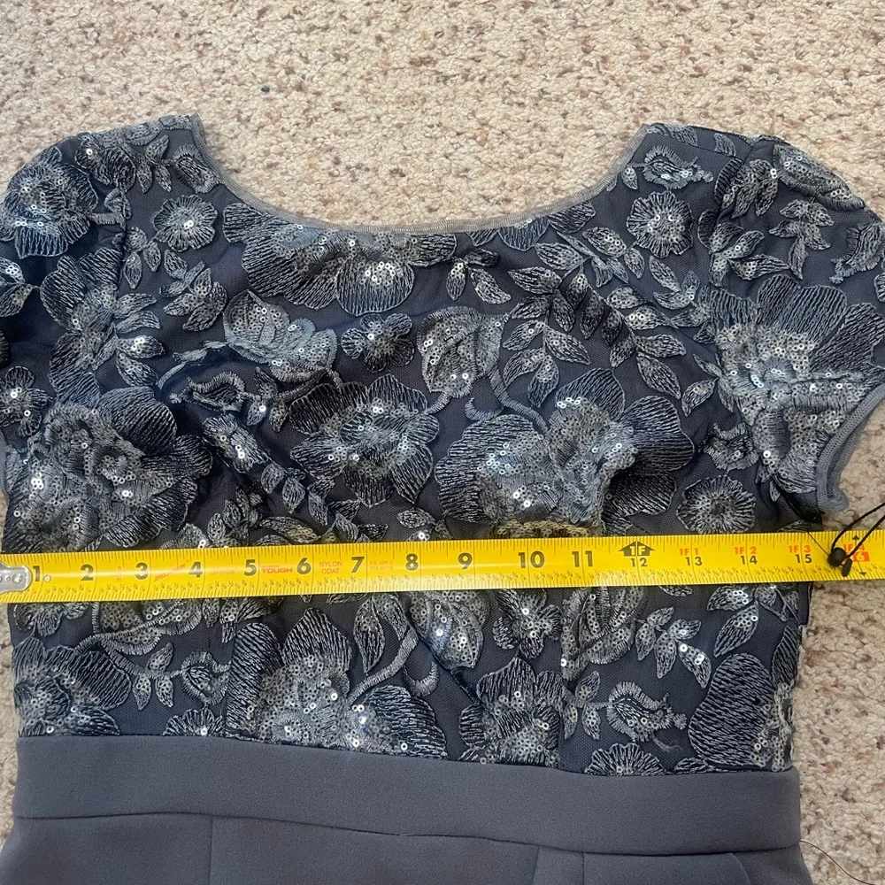 Adrianna Papell‎ Formal Dress Gown Gray Floral Embroidery  Ruffle Side Slit 2 - Picture 13 of 15